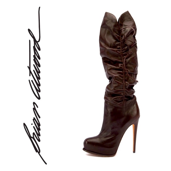 Brian Atwood Shoes - Brian Atwood Handcrafted Calfskin Leather Platform Slouch Boot 8.5 Gathered Ties